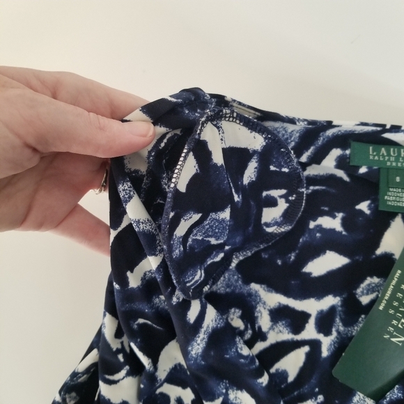 NWT Lauren Ralph Lauren Navy Print Stretch Sheath Dress Side Ruched Cap Sleeve 8 - Picture 6 of 15